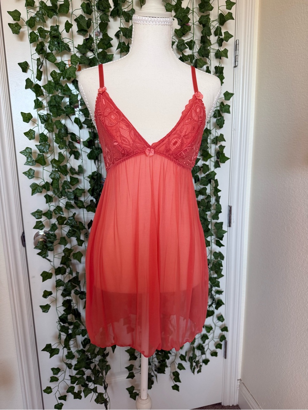 Sheer Lace Babydoll Nightdress - Coral